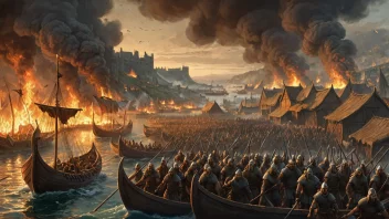 En vikingraid, med langskip og krigere i forgrunnen og en brennende landsby i bakgrunnen.