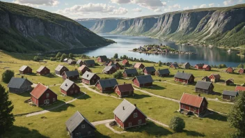 En detaljert illustrasjon av et norsk landskap med spredte hus og bygninger, som viser konseptet spredtbygdkvalitet.