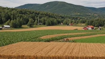 En norsk gård med en åker av jevnlig høstede avlinger.