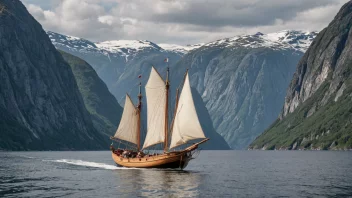 En tradisjonell norsk nøtbåt seiler på den rolige vannflaten i en fjord, omgitt av majestetiske fjell.