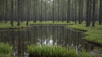 Et hestekjerr i en skog med trær og vann.