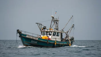 En fiskebåt med en sluk i vannet, omgitt av fisk.