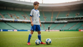 En ung fotballspiller med en ball ved føttene, ser fokusert og bestemt ut.