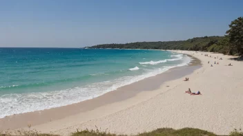 En sandstrand på en solrik dag med noen mennesker som nyter været.