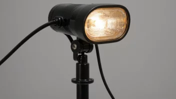 En verkstedslampe med metallskjerm og lang arm, montert på en trearbeidsbenk.