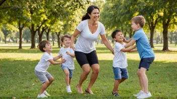 En smilende mor med flere barn som leker sammen i en park, symboliserer en lykkelig familie