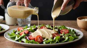 En deilig vaniljedressing som helles over en frisk grønn salat