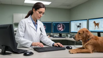 En veterinær som arbeider med dyr, med et datasystem i bakgrunnen.