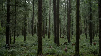 En naturskjønn utsikt over en tett skog med høye trær og en rekke dyrearter