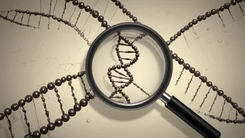 En illustrasjon av en DNA-dobbelheliks med et forstørrelsesglass over, som symboliserer prosessen med DNA-analyse