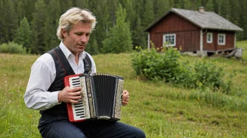 En musiker kledd i tradisjonelle norske klær, spiller på et trekkspill i en åker omgitt av fjell og trær.