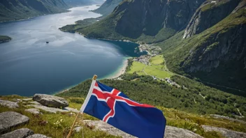 Eit kart over Noreg med flagget og eit naturskjønt landskap i bakgrunnen