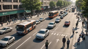 En trafikkundersøkelse blir gjennomført på en travel vei med ulike kjøretøy og fotgjengere.