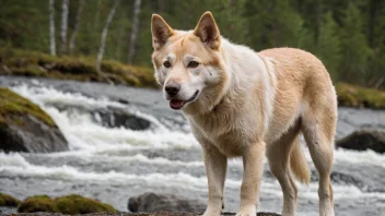 En norsk landras hund står i en åker med et fjellrikt landskap i bakgrunnen.