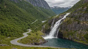 En bil kjører langs en svingete vei med en fjord i bakgrunnen, omgitt av fjell og fosser.