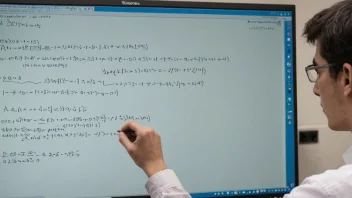 En person som arbeider på en datamaskin med statistisk programvare, med en tavle i bakgrunnen som viser matematiske ligninger.