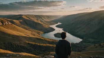 En person som står på en ås og ser ut på et vakkert landskap med en innsjø og fjell i bakgrunnen.