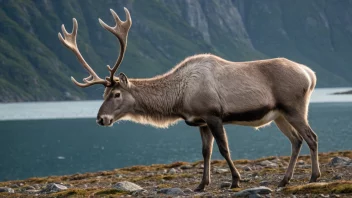 En majestetisk fjordrein som står på en steinete utsiktspunkt, med utsikt over en fredelig fjord.