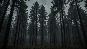 En mørk og dyster skog med høye trær og en mørk himmel