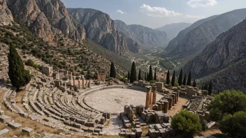 Den gamle byen Delphi i Hellas, med Apollotempelet og de omkringliggende fjellene.