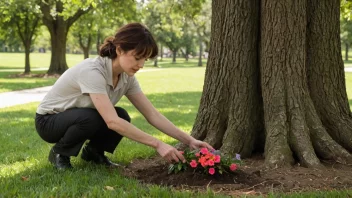 En person som planter blomster under et tre i en hage