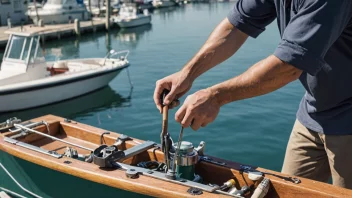 Et bilde som viser en person som bruker ulike teknikker og verktøy for å håndtere en båt, med en marina eller havn i bakgrunnen.