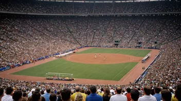 Et bilde av et stort stadion med utøvere som konkurrerer i ulike øvelser, med en folkemengde som heier dem frem.