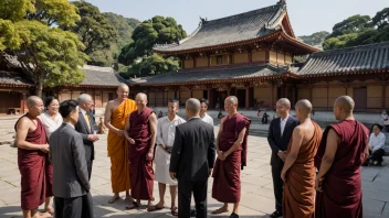 En gruppe mennesker fra ulike aldersgrupper og etnisiteter samlet rundt en buddhistmunk, alle smiler og chatter, med en buddhisttempel i bakgrunnen.