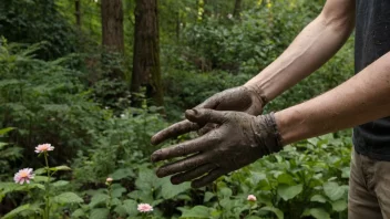 En person med skitne hender og klær, stående i en hage eller skog, med et bakgrunn av trær, blomster eller andre naturlige elementer.