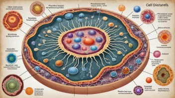 En illustrasjon av en celle, som viser dens ulike komponenter og prosesser.