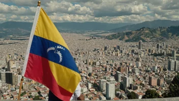 En person holder stolt flagget til Ecuador, med den historiske byen Quito i bakgrunnen.