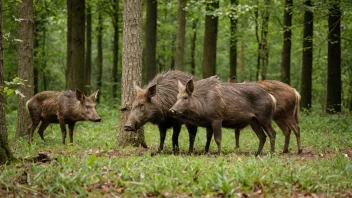 En gruppe dyr i en skog, med trær og løvverk i bakgrunnen.