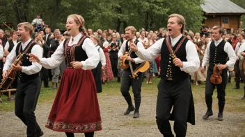 En festlig scene med mennesker som feirer norsk folkemusikk.