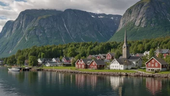 En tradisjonell norsk bygd med et bygdetun eller samfunnshus hvor folk er samlet til et møte.