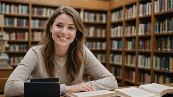 En bibliotekssjef som sitter ved skrivebordet sitt, omgitt av bøker og papirer.