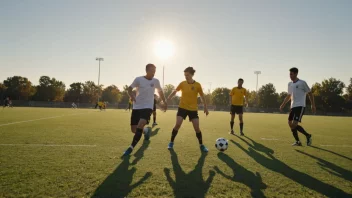 En gruppe mennesker som spiller fotball utendørs på en solrik dag, med et grønt gressfelt og en blå himmel