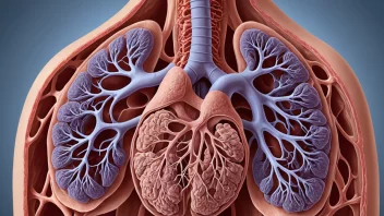 En illustrasjon av lungevev, som viser den intrikate strukturen av alveolene og bronkiolene.