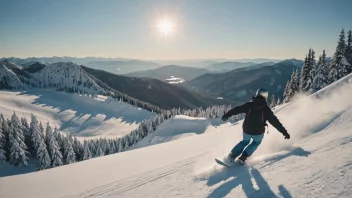 En snøkjører som kjører ned en fjellside med en vinterlandskap i bakgrunnen