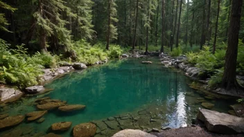 En fredelig naturlig vannsamling i en skog, som reflekterer de omkringliggende trærne og himmelen.