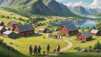 En detaljert illustrasjon av en landlig samfunn i Norge, med mennesker av ulike aldre og yrker, omgitt av rullende åser og jordbruksland.