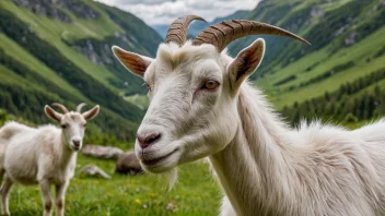 En ged som står i en grønn eng med et fjellrikt landskap i bakgrunnen.