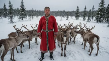 En samisk reinsdyrholder i tradisjonelle klær, stående i et snølandskap omgitt av reinsdyr.