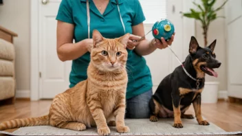 En person holder en katt og en hund av forskjellig størrelse, med en målebånd i bakgrunnen.