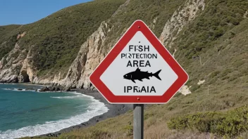 Et skilt som indikerer et fiskebeskyttelsesområde i et naturskjønt kystlandskap med båter og sjøfugler i bakgrunnen