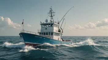 En illustrasjon som representerer begrepet fiskeriforvaltning, med en fiskebåt i forgrunnen og en regjeringsbygning i bakgrunnen.