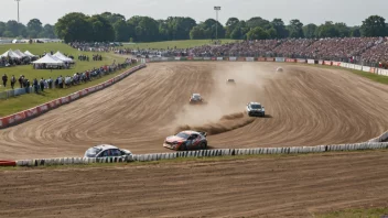 En rallycrossbane med biler som kjører og tilskuere som ser på