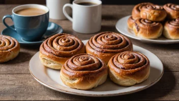 En deilig tallerken med kanelkaker, tradisjonelle norske kanelboller, perfekt for en kaffepause.