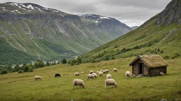 Et lite, trebygd gjeterhus med torvtak, plassert i et malerisk fjellandskap.