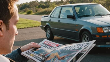 En person som leser et bilblad, med en bil i bakgrunnen