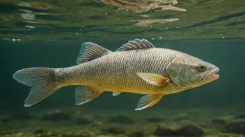 En innsjøfisk som svømmer i en innsjø med vannliljer og trær i bakgrunnen.